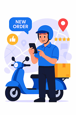 직업 지도 일러스트 통신 파란색 스마트폰 운전 스쿠터 도시 배달원 상품 고객 배송 서비스 주문 평가 점검 소통 효율 음식배달 국내일러스트 AI파일 컬러 컨셉 모션 핸드폰 스마트기기 오토바이 파일형식 벡터