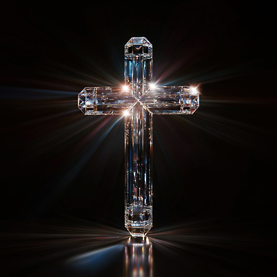 JPG 편집이미지 디자인 종교 예술 상징 십자가 조명 장식 빛 반사 투명 고급 크리스탈 물질 편집3D AI컴퓨터그래픽 AI콘텐츠 컨셉 3D 광석 파일형식