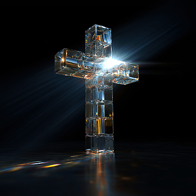 JPG 편집이미지 기독교 예술 상징 십자가 조명 형상 장식 빛 반사 평화 투명 크리스탈 편집3D AI컴퓨터그래픽 AI콘텐츠 종교 컨셉 3D 광석 파일형식