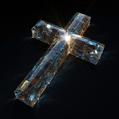 JPG 편집이미지 기독교 종교 예술 십자가 장식 빛 반짝임 조형물 믿음 고요 투명 우아함 신비 크리스탈 편집3D AI컴퓨터그래픽 AI콘텐츠 감정 컨셉 모션 미술 3D 광석 파일형식