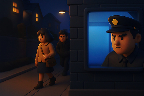 JPG 편집이미지 여자 남자 거리 걷기 어둠 도시 경찰 보호 밤 위험 사건 경계 감시 편집3D AI컴퓨터그래픽 AI콘텐츠 직업 컨셉 모션 사람 3D 견과류 파일형식