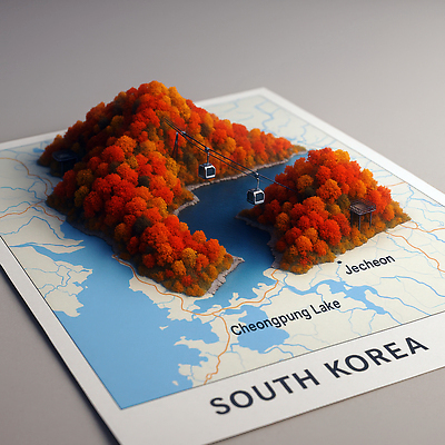 JPG 편집이미지 호수 여행 단풍 자연 레저 산 한국 풍경 가을 휴양지 케이블카 제천 청풍호 경관 편집3D AI컴퓨터그래픽 AI콘텐츠 계절 아시아 잎 3D 장소 생태계 충청북도 파일형식