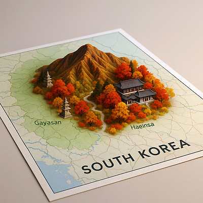 JPG 편집이미지 전통 건축 문화 여행 단풍 지도 자연 산 한국 풍경 가을 역사 해인사 편집3D AI컴퓨터그래픽 AI콘텐츠 계절 아시아 잎 3D 생태계 합천 파일형식