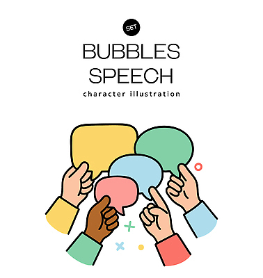 캐릭터 손 상징 컬러 말풍선 일러스트 커뮤니케이션 아이디어 대화 그래픽 다양 표현 군중 즐거움 그림 소통 창의성 알록달록 국내일러스트 AI파일 감정 다수 컨셉 말하기 사람 신체부위 컬러풀 파일형식 벡터