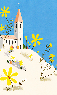 JPG 꽃 일러스트 자연 하늘 산 풍경 건물 파란색 햇빛 노란색 교회 평화 봄 언덕 종탑 뷰티풀 국내일러스트 AI일러스트 AI콘텐츠 식물 건축물 계절 컬러 컨셉 종교건축 태양 탑 생태계 파일형식