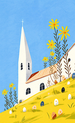 JPG 종교 컬러 일러스트 자연 하늘 풍경 일상 장식 파란색 햇빛 교회 고요 봄 언덕 예배 조화 뷰티풀 국내일러스트 AI일러스트 AI콘텐츠 계절 종교건축 건물 라이프 태양 생태계 파일형식