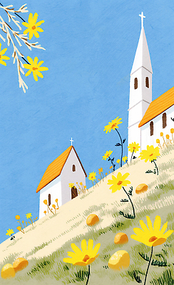 JPG 건축 기독교 꽃밭 일러스트 자연 하늘 풍경 야외 햇빛 교회 평화 마을 환경 봄 산책 언덕 화사함 뷰티풀 색감 국내일러스트 AI일러스트 AI콘텐츠 계절 꽃 종교 컨셉 종교건축 휴식 건물 태양 생태계 파일형식