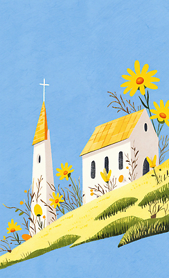 JPG 식물 꽃 기독교 예술 일러스트 자연 밝음 풍경 여름 햇빛 노란색 성당 교회 시골 언덕 조화 종탑 뷰티풀 풍경화 국내일러스트 AI일러스트 AI콘텐츠 계절 종교 컬러 종교건축 건물 태양 탑 그림 생태계 파일형식