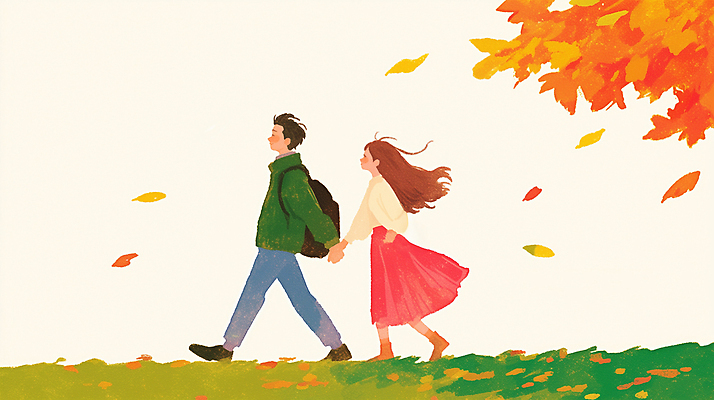 JPG 커플 행복 여유 낙엽 일러스트 자연 바람 사랑 풍경 초원 일상 청춘 소풍 평화 산책 가을 그림 국내일러스트 AI일러스트 AI콘텐츠 자연요소 계절 감정 컨셉 잎 관계 날씨 휴식 라이프 야외활동 생태계 파일형식