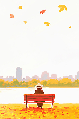 JPG 나무 남자 호수 여유 낙엽 벤치 일러스트 자연 하늘 휴식 앉기 풍경 일상 평화 산책 감상 가을 연못 도시 스카이라인 색채 국내일러스트 AI일러스트 AI콘텐츠 식물 계절 감정 컨셉 잎 의자 모션 사람 라이프 생태계 파일형식