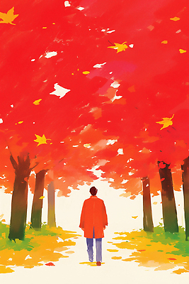 JPG 나무 계절 길 여유 단풍 일러스트 자연 사람 풍경 빨간색 노란색 걷기 고요 감상 가을 숲 색감 온기 청명 몽환 국내일러스트 AI일러스트 AI콘텐츠 식물 감정 컬러 컨셉 잎 모션 생태계 파일형식