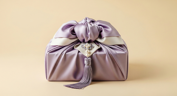 JPG 편집이미지 디자인 여자 패션 장신구 나비넥타이 한국 장식 보라색 보자기 고급 실크 노리개 진주 수공예 추석선물 파우치 세련 편집실사 AI포토 AI콘텐츠 아시아 컬러 컨셉 가방 넥타이 전통소품 선물 사람 추석 직물 보석 공예 CG 파일형식 천_직물 명절선물