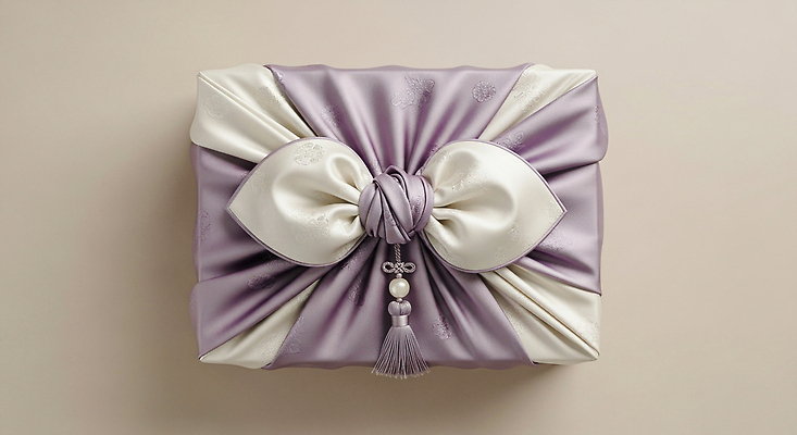 JPG 편집이미지 전통 디자인 리본 문화 포장 한국 장식 보라색 흰색 보자기 고급 우아함 주머니 한복 실크 노리개 추석선물 편집실사 AI포토 AI콘텐츠 한국전통 아시아 컬러 컨셉 전통소품 선물 추석 직물 전통의상 CG 파일형식 천_직물 명절선물