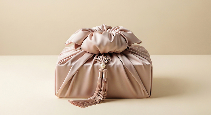 JPG 편집이미지 전통 디자인 기념일 문화 예술 포장 한국 축하 보자기 고급 실크 오브젝트 노리개 베이지색 추석선물 세련 편집실사 AI포토 AI콘텐츠 아시아 컬러 컨셉 전통소품 선물 이벤트 추석 직물 CG 파일형식 천_직물 명절선물