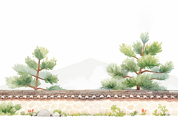 JPG 나무 식물 전통 꽃 일러스트 자연 산 한옥 한국 돌담 풍경 잔디 평화 정원 고요 돌_바위 소나무 부드러움 조화 뷰티풀 경관 국내일러스트 AI일러스트 AI콘텐츠 한국전통 아시아 컨셉 고건축 담장 감각 생태계 파일형식