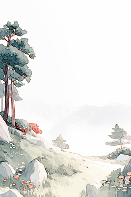 JPG 나무 그릇 꽃 길 일러스트 자연 하늘 산 이끼 풍경 빨간색 초록색 여름 환경 고요 산책 시골 힐링 조화 탐방 국내일러스트 AI일러스트 AI콘텐츠 식물 식기 계절 컬러 휴식 생태계 파일형식