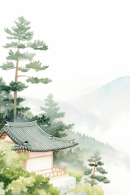 JPG 나무 식물 고건축 일러스트 자연 하늘 아침 산 한국 풍경 평화 고요 문화재 안개 사찰 조용 조화 뷰티풀 국내일러스트 AI일러스트 AI콘텐츠 주간 건축물 아시아 컨셉 종교건축 날씨 생태계 파일형식