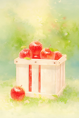 JPG 식물 과일 일러스트 자연 건강 빨간색 여름 햇빛 농장 귀여움 정원 농사 수확 신선 사과 나무상자 그림 파란배경 맛있는 국내일러스트 AI일러스트 AI콘텐츠 계절 컬러 백그라운드 컨셉 농업 파란색 상자 태양 생태계 파일형식