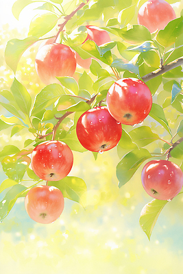 JPG 식물 열매 백그라운드 과일 일러스트 자연 가지 건강 풍경 여름 햇빛 농장 정원 수확 물방울 신선 사과 과수원 뷰티풀 국내일러스트 AI일러스트 AI콘텐츠 계절 농업 채소 태양 생태계 파일형식