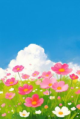 JPG 식물 구름 꽃 컬러 일러스트 자연 하늘 생명 풍경 초원 여름 파란색 봄 땅 코스모스 화사함 비율 뷰티풀 생동감 국내일러스트 AI일러스트 AI콘텐츠 자연요소 계절 컨셉 생태계 파일형식