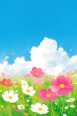 JPG 구름 꽃 화초 여유 분홍색 컬러 꽃밭 일러스트 자연 풍경 초원 햇빛 봄 활발 흰색 드론 뷰티풀 탐방 국내일러스트 AI일러스트 AI콘텐츠 자연요소 식물 계절 감정 컨셉 태양 생태계 파일형식