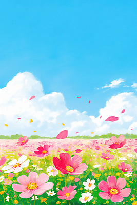 JPG 식물 구름 꽃잎 꽃 분홍색 컬러 꽃밭 일러스트 자연 하늘 바람 풍경 초원 여름 환경 감상 뷰티풀 목가 국내일러스트 AI일러스트 AI콘텐츠 자연요소 계절 날씨 생태계 파일형식