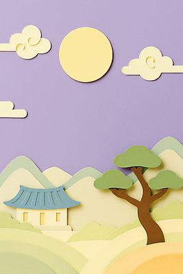 JPG 나무 구름 편집이미지 디자인 컬러 백그라운드 고건축 자연 하늘 산 한국 풍경 평화 추석 페이퍼아트 그림 디지털아트 편집실사 AI포토 AI콘텐츠 자연요소 식물 건축물 명절 아시아 컨셉 CG 생태계 파일형식