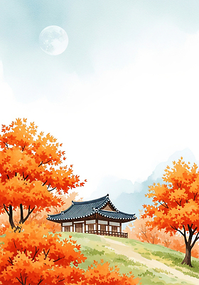 JPG 나무 전통 계절 문화 여행 단풍 고건축 일러스트 자연 하늘 한옥 한국 미소 풍경 빨간색 보름달 가을 뷰티풀 풍요 국내일러스트 AI일러스트 AI콘텐츠 식물 한국전통 건축물 아시아 컬러 컨셉 잎 표정 달 생태계 파일형식
