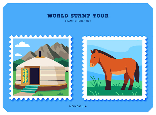 동물 디자인 건축 전통문화 예술 컬러 여행 스티커 일러스트 자연 초원 도장 말_동물 몽골 그림 우표 뷰티풀 경관 국내일러스트 AI파일 전통 아시아 문화 포유류 풍경 생태계 파일형식 벡터