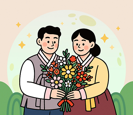 전통 옷 기념일 꽃 행복 문화 컬러 꽃다발 포즈 일러스트 가족 자연 사랑 미소 친구 축하 한복 조화 뷰티풀 국내일러스트 AI파일 식물 한국전통 감정 컨셉 관계 표정 이벤트 전통의상 생태계 파일형식 벡터