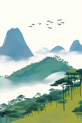 JPG 나무 구름 하늘색 일러스트 자연 조류 하늘 산 거리 풍경 초록색 평화 환경 안개 숲 생태계 조화 수목 청명 국내일러스트 AI일러스트 AI콘텐츠 자연요소 식물 동물 컬러 컨셉 날씨 파란색 파일형식