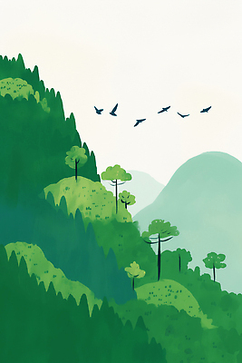 JPG 나무 동물 일러스트 자연 조류 하늘 산 풍경 초원 평화 환경 비행 숲 그림 생태계 조경 뷰티풀 울창 국내일러스트 AI일러스트 AI콘텐츠 식물 컨셉 파일형식