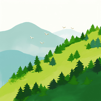 JPG 나무 그릇 여행 일러스트 자연 조류 하늘 산 풍경 야외 초록색 평화 환경 시골 숲 생태계 조화 목가 산맥 국내일러스트 AI일러스트 AI콘텐츠 식물 동물 식기 컬러 컨셉 파일형식