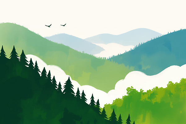 JPG 나무 구름 일러스트 자연 조류 하늘 산 풍경 야외 초록색 평화 환경 숲 생태계 조용 조화 목가 경관 국내일러스트 AI일러스트 AI콘텐츠 자연요소 식물 동물 컬러 컨셉 파일형식