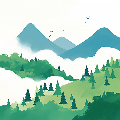 JPG 나무 구름 여유 여행 일러스트 자연 조류 하늘 날씨 산 풍경 초록색 평화 일출 탐험 숲속 숲 조화 국내일러스트 AI일러스트 AI콘텐츠 자연요소 식물 동물 감정 컬러 컨셉 노을 생태계 파일형식