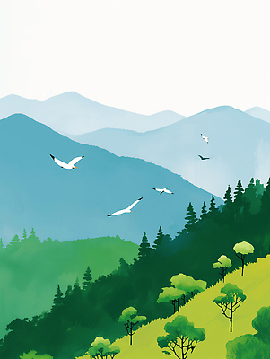 JPG 나무 여행 일러스트 자연 조류 하늘 날씨 산 풍경 초록색 여름 평화 환경 탐험 비행 숲 생태계 조화 새소리 국내일러스트 AI일러스트 AI콘텐츠 식물 동물 계절 컬러 컨셉 파일형식