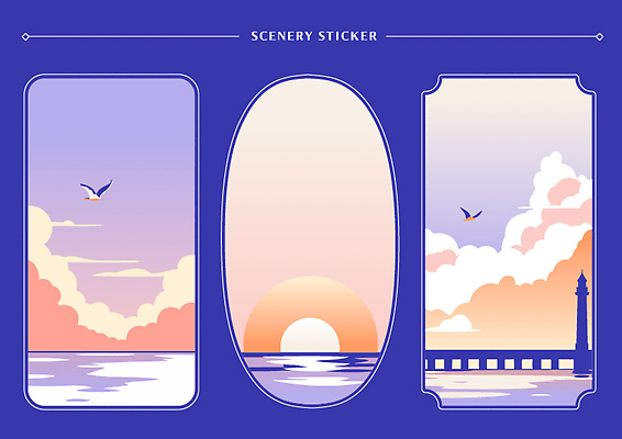 구름 바다 여행 스티커 일러스트 자연 조류 하늘 해변 평화 노을 고요 일몰 수면 저녁 뷰티풀 색감 오후 풍경화 수평선 국내일러스트 AI파일 자연요소 동물 컨셉 물 야간 그림 생태계 파일형식 벡터