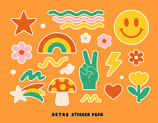 디자인 꽃 행복 별 컬러 백그라운드 무지개 스티커 패턴 일러스트 손가락 놀이 표정 미소 그래픽 주황색 심볼 복고 아기자기 국내일러스트 AI파일 자연요소 식물 손 감정 컨셉 무늬 파일형식 벡터