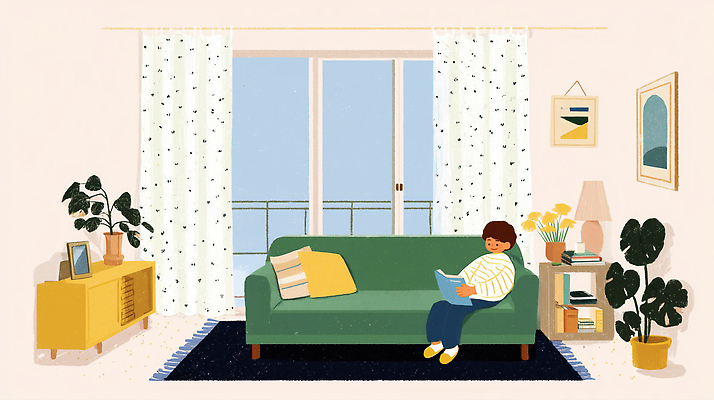 JPG 식물 하늘색 거실 일러스트 창문 휴식 조명 소녀 일상 책 인테리어 소파 독서 노란색 평화 커튼 편안함 읽기 오브젝트 생동감 국내일러스트 AI일러스트 AI콘텐츠 디자인 여자 어린이 컬러 컨셉 의자 모션 라이프 파란색 감각 파일형식