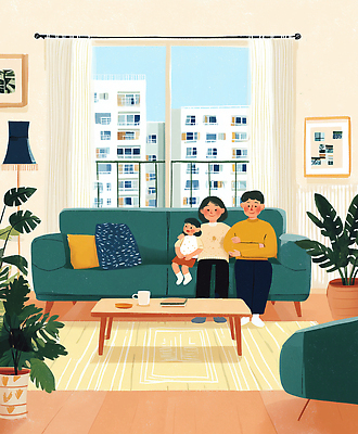 JPG 식물 행복 어린이 거실 의자 일러스트 창문 가족 모션 주택 함께함 따뜻함 웃음 장식 부모 소파 햇빛 카펫 분위기 편안함 국내일러스트 AI일러스트 AI콘텐츠 감정 가구 컨셉 관계 표정 사람 건물 태양 감각 파일형식
