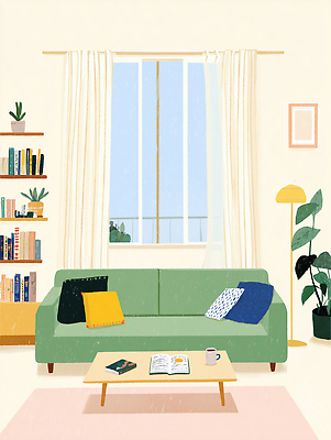 JPG 식물 디자인 화분 여유 커피 거실 일러스트 초 창문 탁자 조명 책장 책 인테리어 소파 독서 주황색 공간 편안함 모던 국내일러스트 AI일러스트 AI콘텐츠 감정 음료 컬러 가구 의자 감각 파일형식