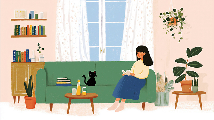 JPG 식물 여자 거실 일러스트 창문 휴식 실내 따뜻함 사람 일상 책 초록색 인테리어 소파 독서 고양이 시간 분위기 편안함 국내일러스트 AI일러스트 AI콘텐츠 디자인 컬러 컨셉 의자 포유류 내부 라이프 반려동물 감각 파일형식