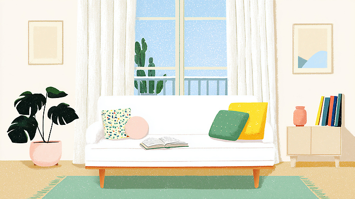 JPG 식물 디자인 화분 쿠션 거실 일러스트 창문 조명 일상 책 인테리어 소파 공간 분위기 편안함 모던 정리 주거공간 국내일러스트 AI일러스트 AI콘텐츠 컨셉 의자 라이프 감각 파일형식