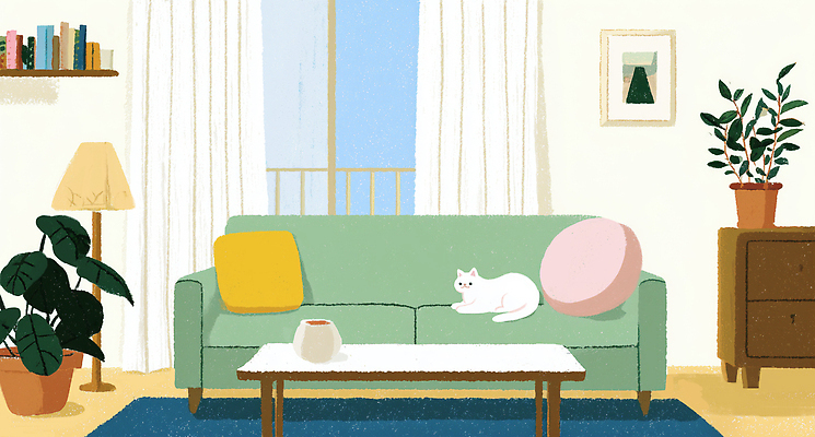 JPG 식물 가구 거실 일러스트 창문 가정 휴식 책장 실내 장식 인테리어 소파 평화 고양이 매트 포근함 편안함 차분 국내일러스트 AI일러스트 AI콘텐츠 디자인 생활용품 컨셉 의자 포유류 내부 반려동물 감각 파일형식