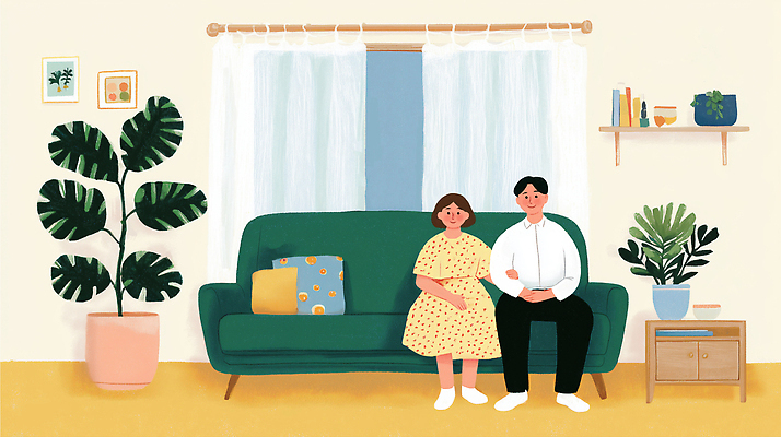 JPG 식물 디자인 부부 행복 여유 거실 일러스트 가족 관계 주택 실내 따뜻함 대화 일상 인테리어 소파 평화 편안함 즐거움 소통 색감 국내일러스트 AI일러스트 AI콘텐츠 커플 감정 컨셉 의자 말하기 내부 건물 라이프 감각 파일형식