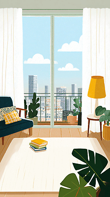 JPG 나무 식물 여유 거실 일러스트 창문 탁자 조명 아파트 장식 책 인테리어 소파 햇빛 카페 도시 분위기 편안함 모던 경관 국내일러스트 AI일러스트 AI콘텐츠 디자인 감정 가구 컨셉 의자 주택 풍경 태양 상점 감각 파일형식