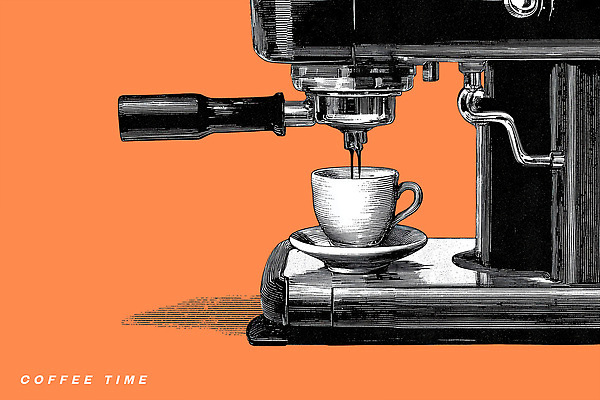 PSD 커피 음료 일러스트 비즈니스 아침 티타임 휴식 대화 일상 주황색 카페 커피잔 커피메이커 따뜻한음료 카페인 국내일러스트 주간 컬러 컨셉 잔 말하기 라이프 상점 커피용품 파일형식