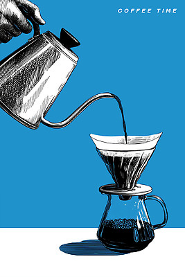 PSD 전통 손 여유 커피 음료 일러스트 주전자 아침 주택 상반신 컵 물 파란색 카페 시간 향 드립 아티스트 추출 필터 국내일러스트 주간 자연요소 직업 식기 감정 컬러 주방용품 건물 신체부위 상점 파일형식