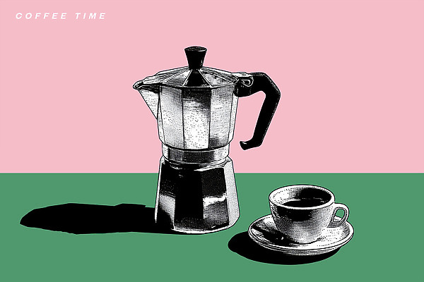 PSD 커피 음료 분홍색 일러스트 탁자 아침 휴식 일상 초록색 주방 카페 장비 맛 커피잔 준비 향기 모카포트 취향 국내일러스트 주간 컬러 가구 컨셉 주전자 잔 라이프 상점 냄새 파일형식