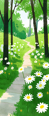 JPG 나무 꽃 길 일러스트 자연 생명 아침 풍경 초록색 여름 햇빛 평화 걷기 산책 숲 생태계 데이지 뷰티풀 풍요 국내일러스트 AI일러스트 AI콘텐츠 주간 식물 계절 컬러 컨셉 모션 휴식 태양 파일형식